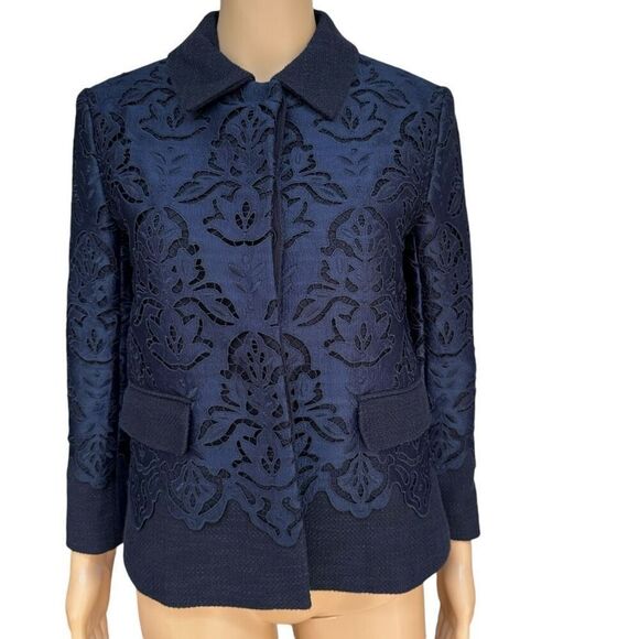 Ann Taylor Jacket Navy Blue Botanical Lace Overlay Blazer Button Up size 0 - Picture 1 of 8